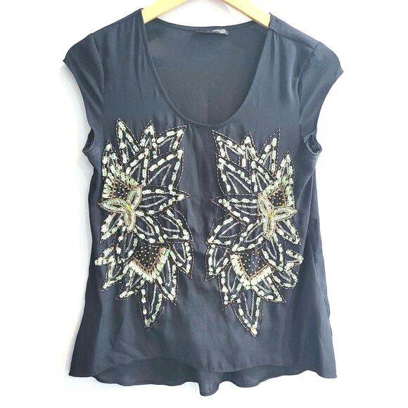 The Addison Story Top Small Black Green Embroidered Beaded Boho Anthropologie - Picture 1 of 7
